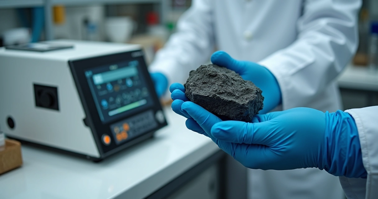 Mão segurando meteorito ao lado de equipamento de datação radiométrica