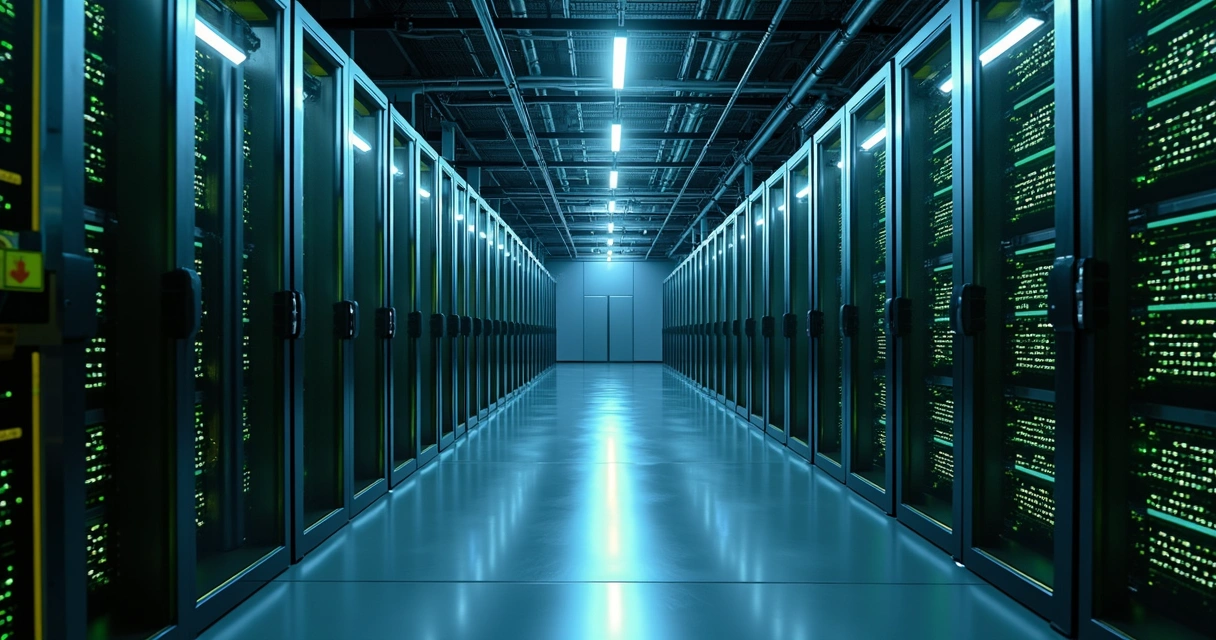 Corredor de data center moderno no Brasil com servidores