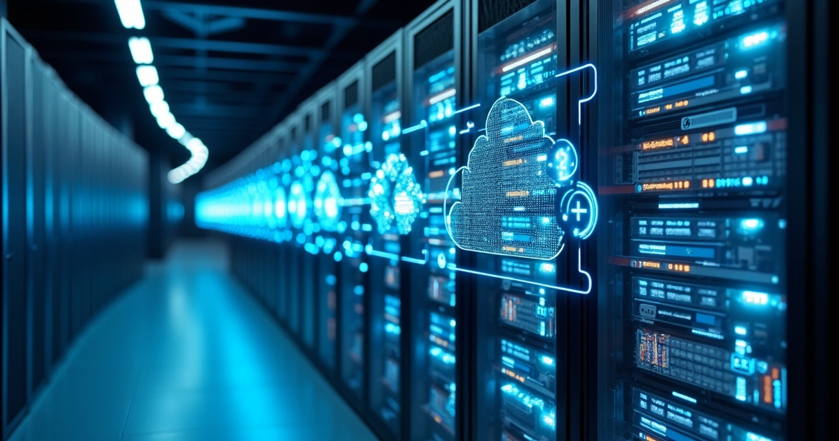 Datacenter moderno com servidores físicos, nuvem digital conectando softwares e fluxos de automação visíveis em sobreposição 