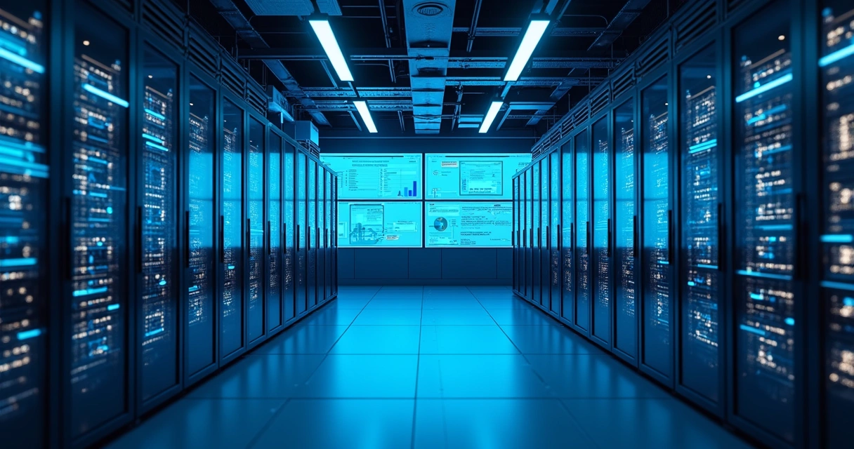 Servidores de data center conectados com telas mostrando painéis fiscais digitais 