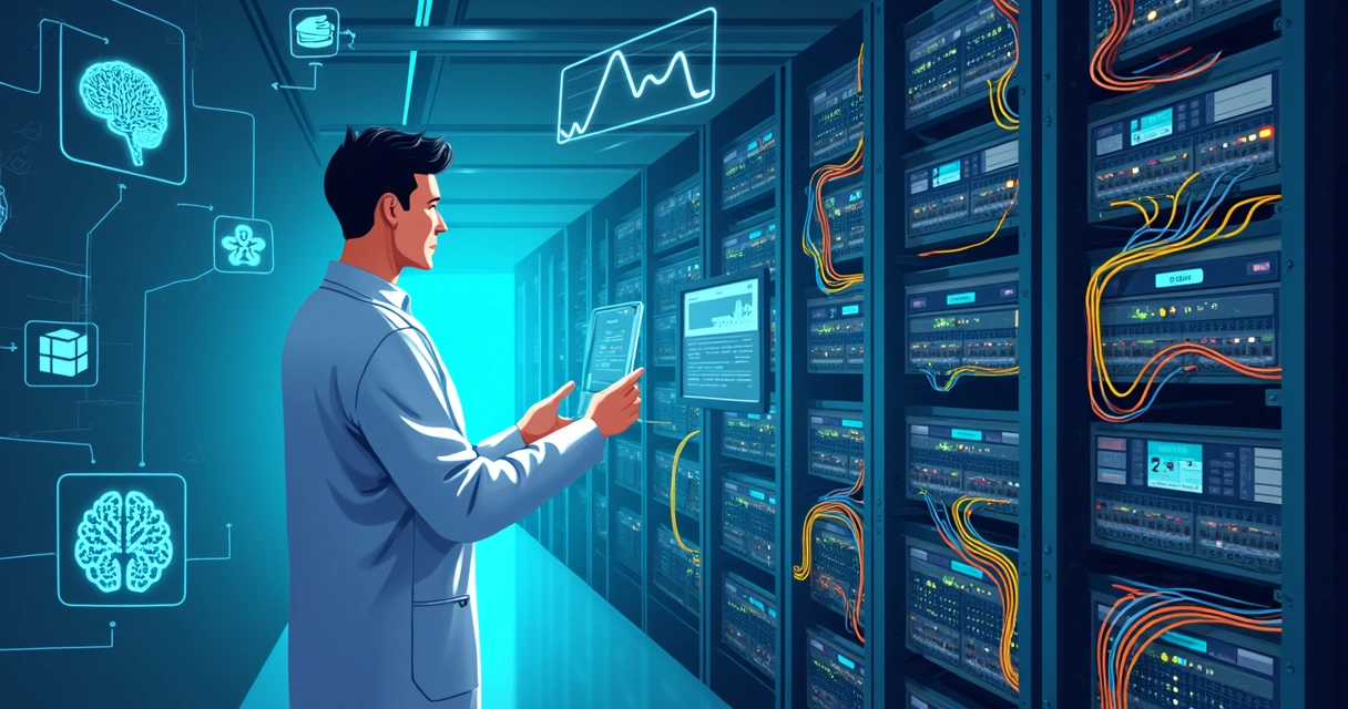 Funcionário técnico verifica servidor em data center de nuvem, luzes azuis e verdes ao redor, cabos organizados. 