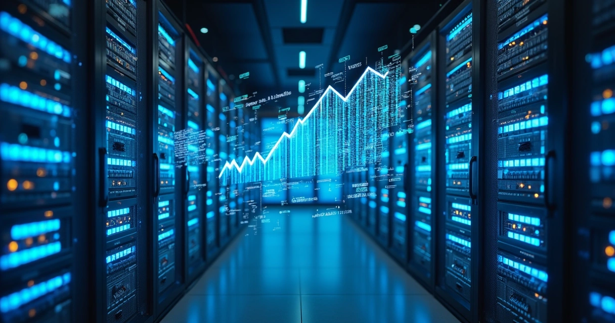 Servidores de datacenter iluminados com gráficos digitais flutuando no ar 