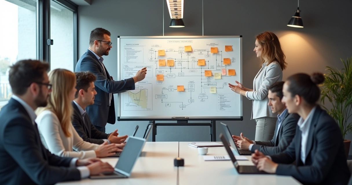 Quadro branco mostrando fluxos de dados com equipe analisando etapas 