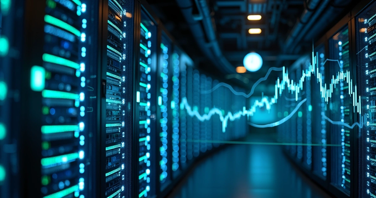 Data center moderno com servidores e cabos de fibra óptica 