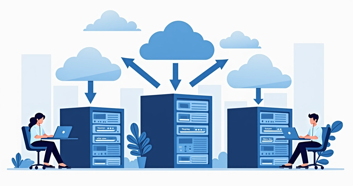 Cloud servers and migration arrows shown with people working on laptops