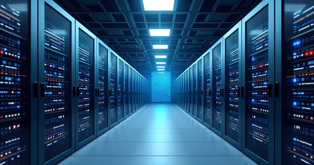 Servidores em racks modernos de data center com sistemas de LED azuis e ambiente limpo 