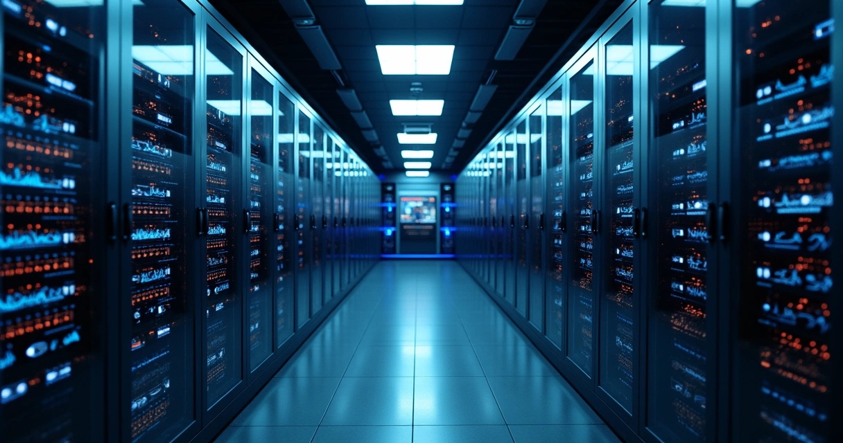 Visão de um datacenter moderno com múltiplas luzes azuis e servidores alinhados 