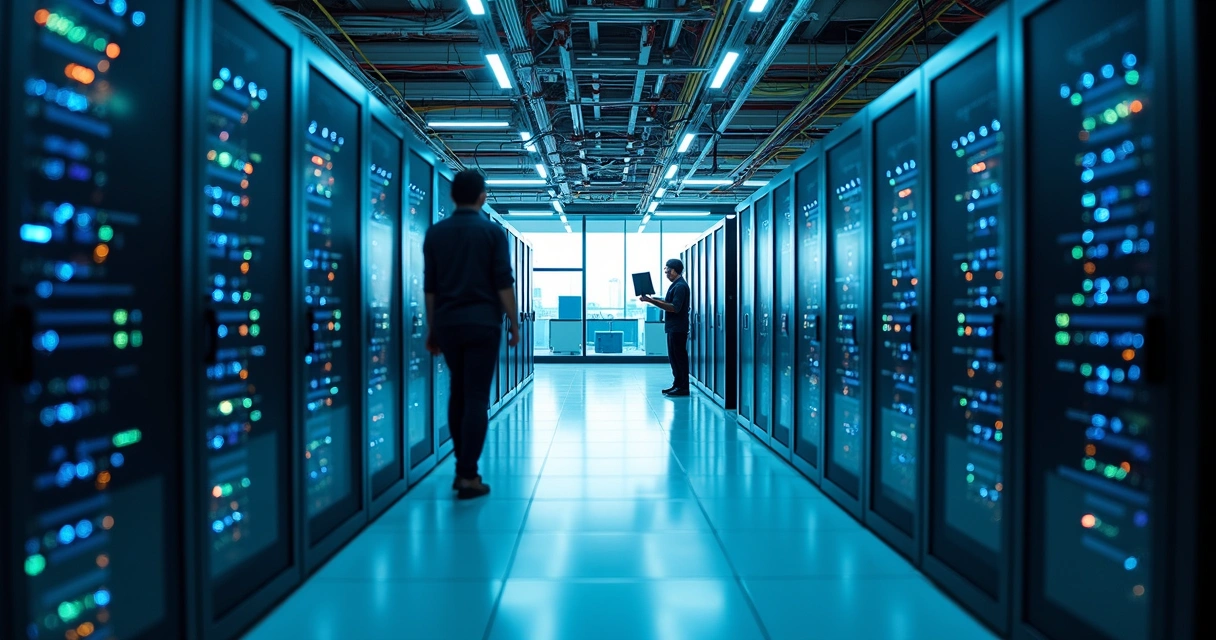 Interior de um datacenter brasileiro com racks de servidores