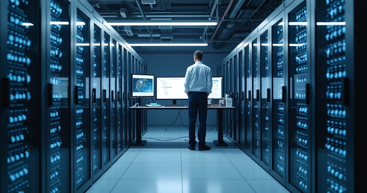 Profissional de TI monitorando recuperação granular em data center 