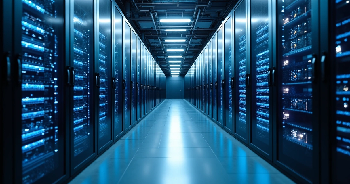 Corredor de datacenter com servidores e luzes azuis 