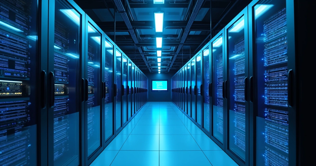 Servidores de backup em datacenter seguro com luz azul 