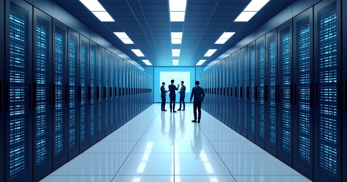Modern data center with rows of server racks and glowing blue lights 