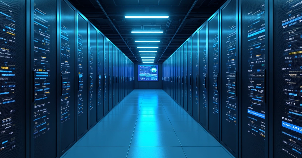 Corredor de servidores em data center moderno com luz azul suave 