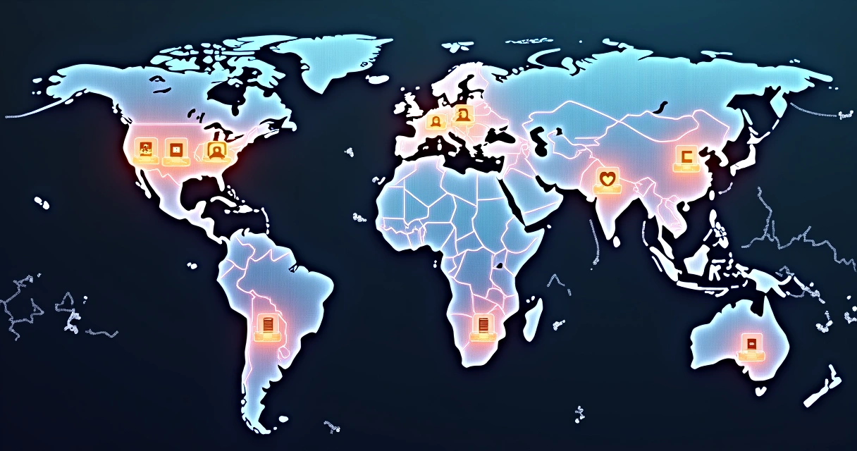 Mapa mostrando datacenters regionais do Azure com linhas conectando diferentes regiões. 