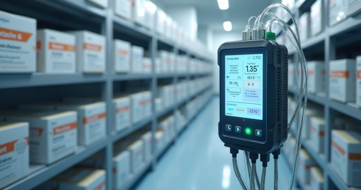 Datalogger moderno conectado a sensores em ambiente de armazenamento controlado com caixas de medicamentos e vacinas 