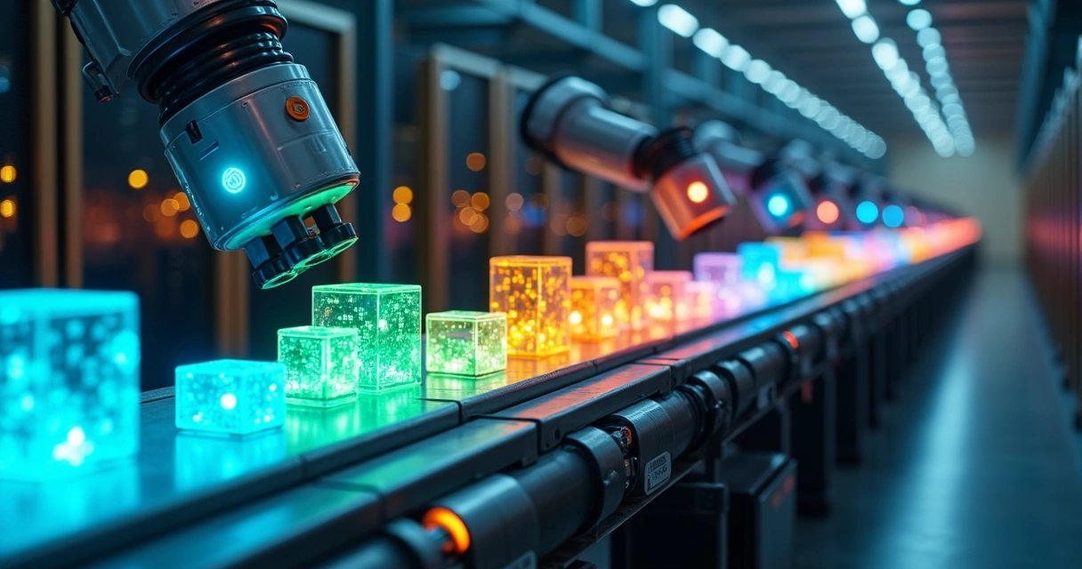 Esteira industrial levando blocos de dados coloridos até pequenos prédios de empresas 