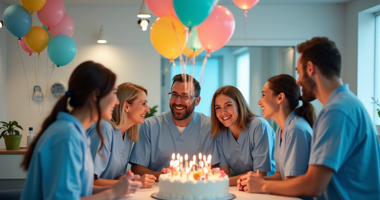 Equipe odontológica comemorando data especial com pacientes 