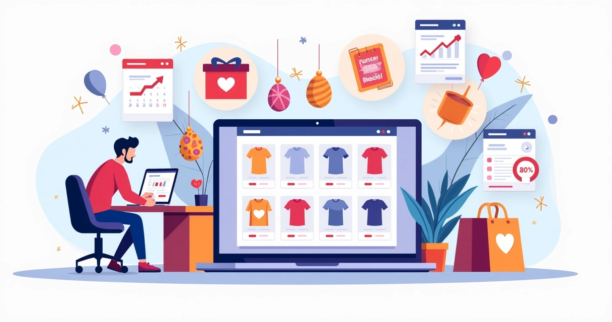 Ilustração de loja online com produtos personalizados para datas sazonais 