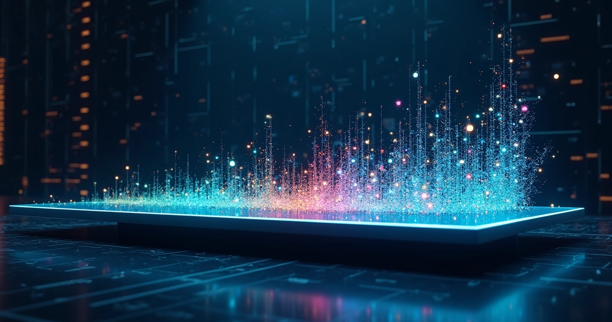 Painel flutuante com ponto colorido sendo limpo e organizado por algoritmo de aprendizado de máquina 