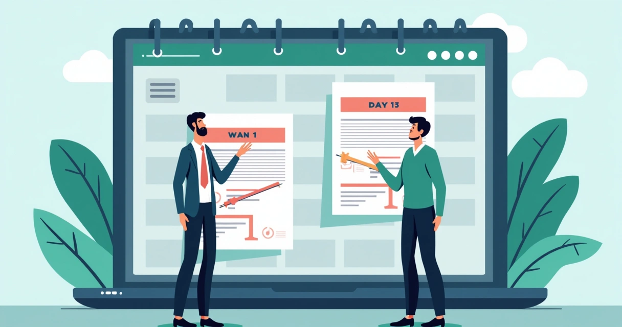 Illustration of a calendar and digital records showing mismatched contract dates.
