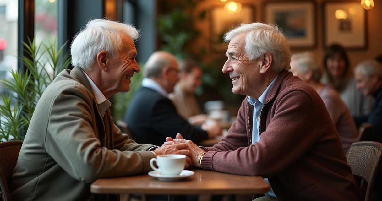 Two adults meeting at a cafe for a date 