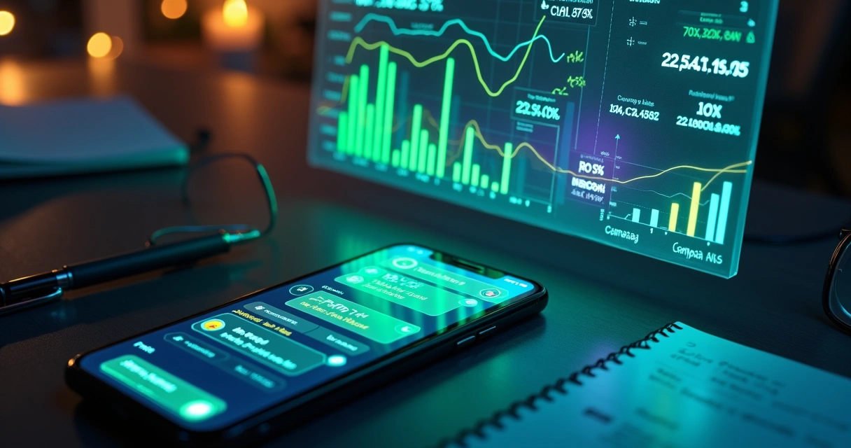 Celular con conversaciones y tablas de ventas conectadas por líneas de datos 