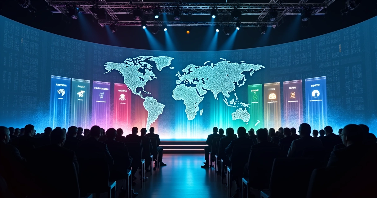 Painel de Davos com sete trilhas de dados de IA em cores diferentes convergindo para o palco 