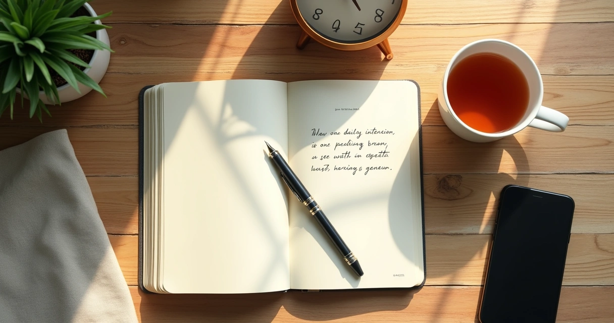Open journal and tea on a morning desk 