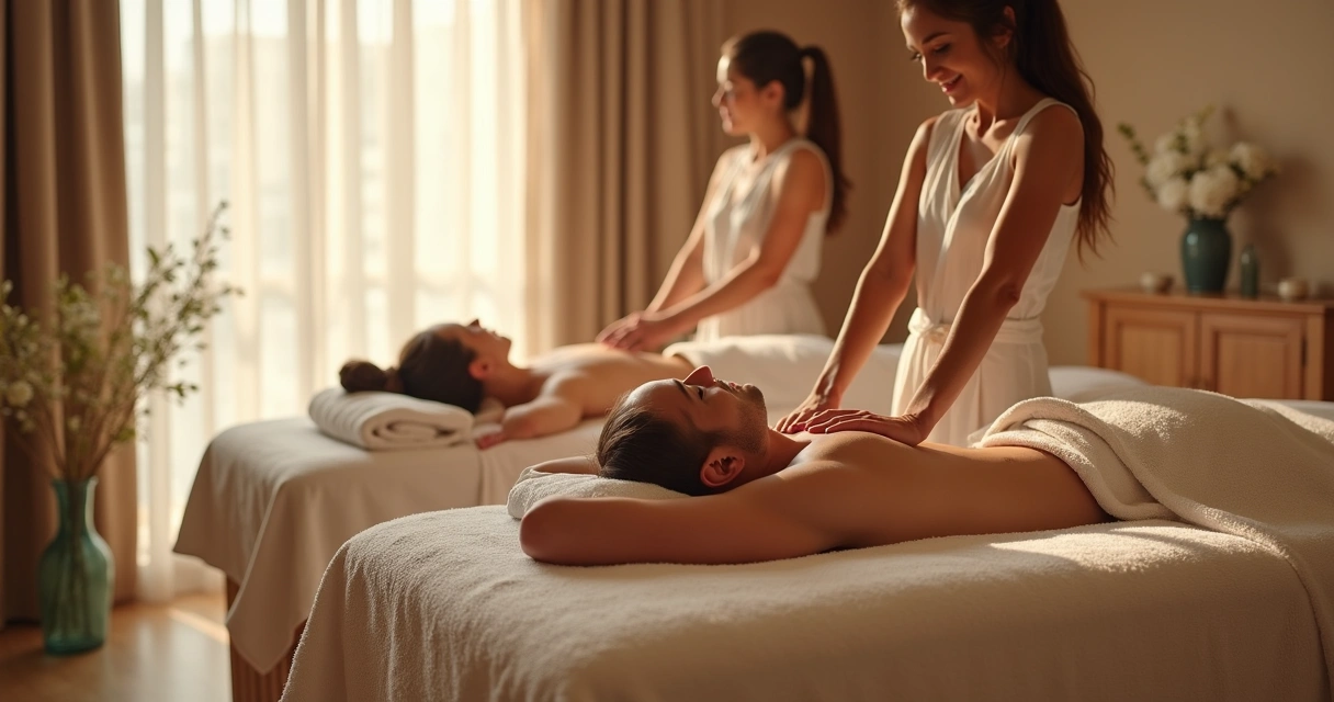 Área de spa com casal recebendo massagem de aniversário em ambiente sofisticado 