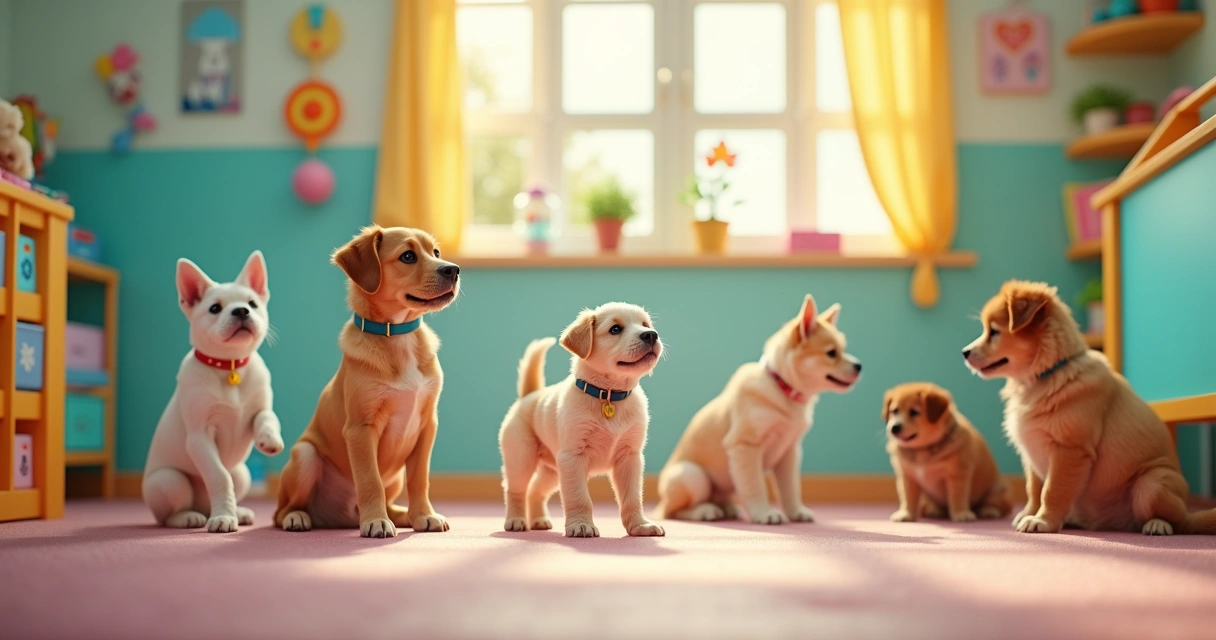 Salas de daycare para cães e gatos, com brinquedos e divisórias coloridas 