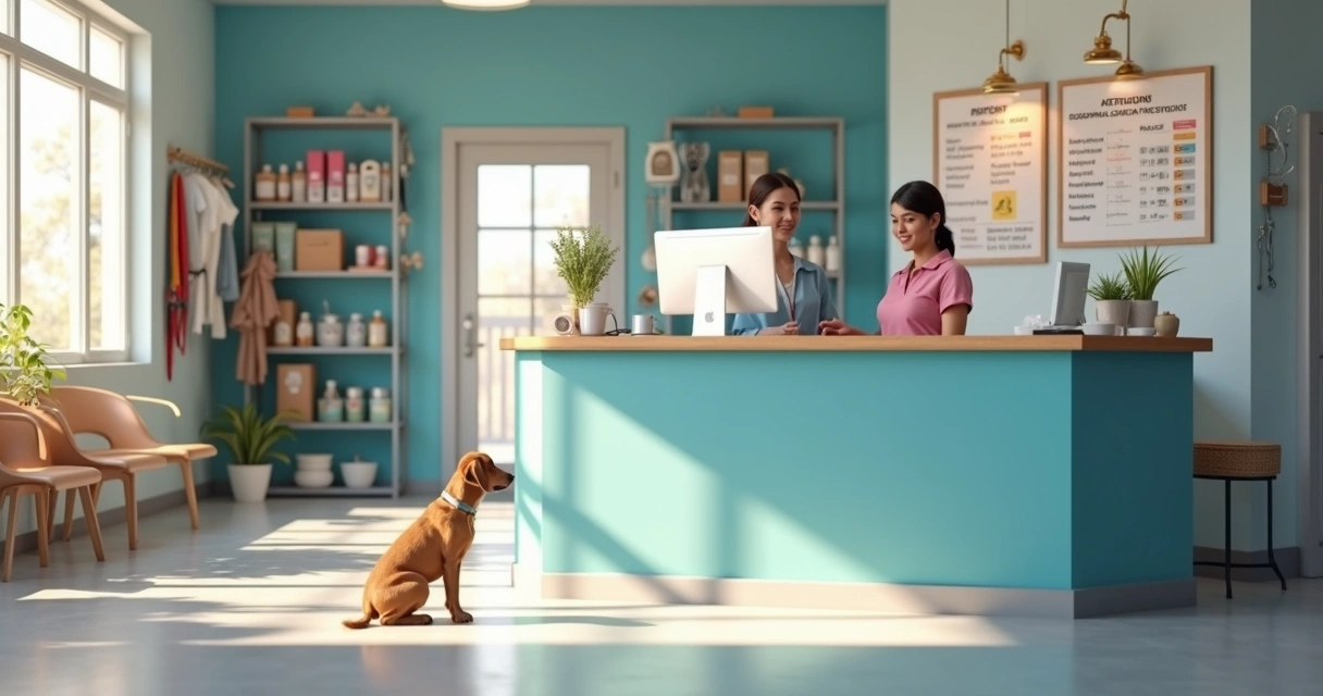 Pet care front desk with check-in screen and staff checklist