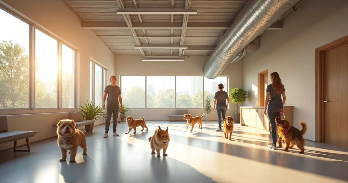 Large dog daycare facility with visible ventilation, dogs playing, and sunlight streaming through clean windows.