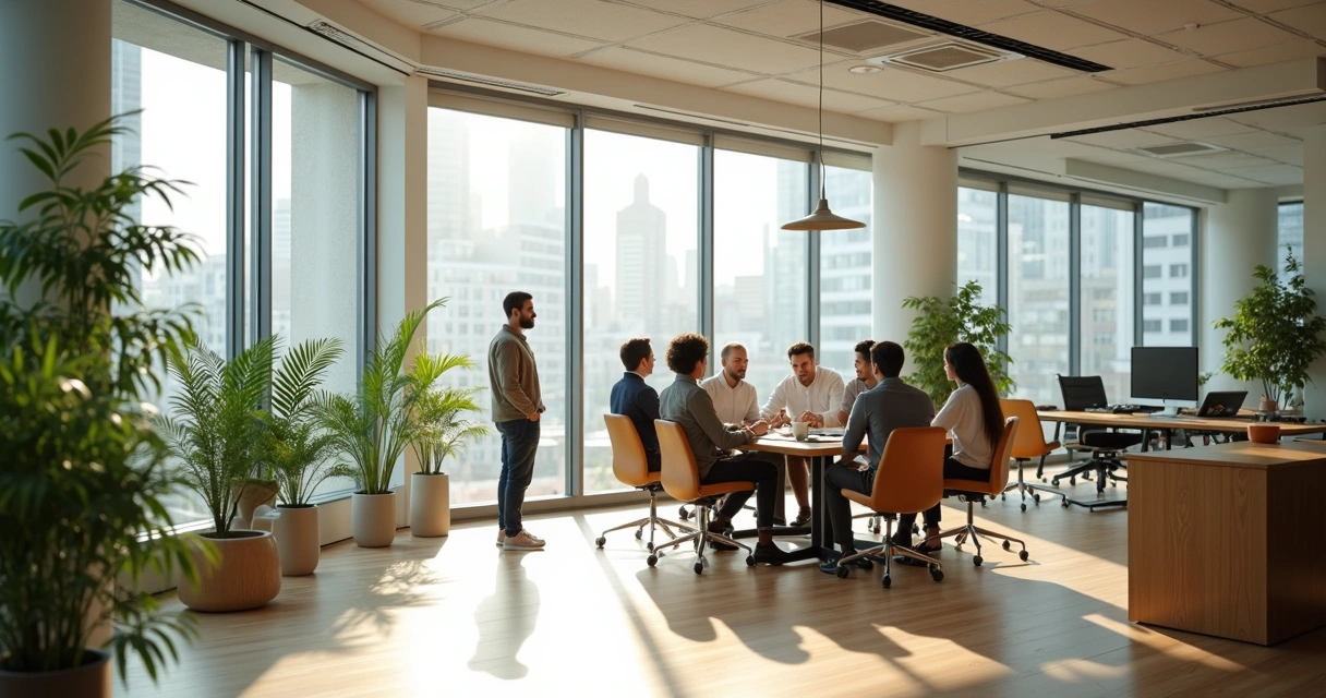 Sunlit office with plants and a team meeting near large windows 