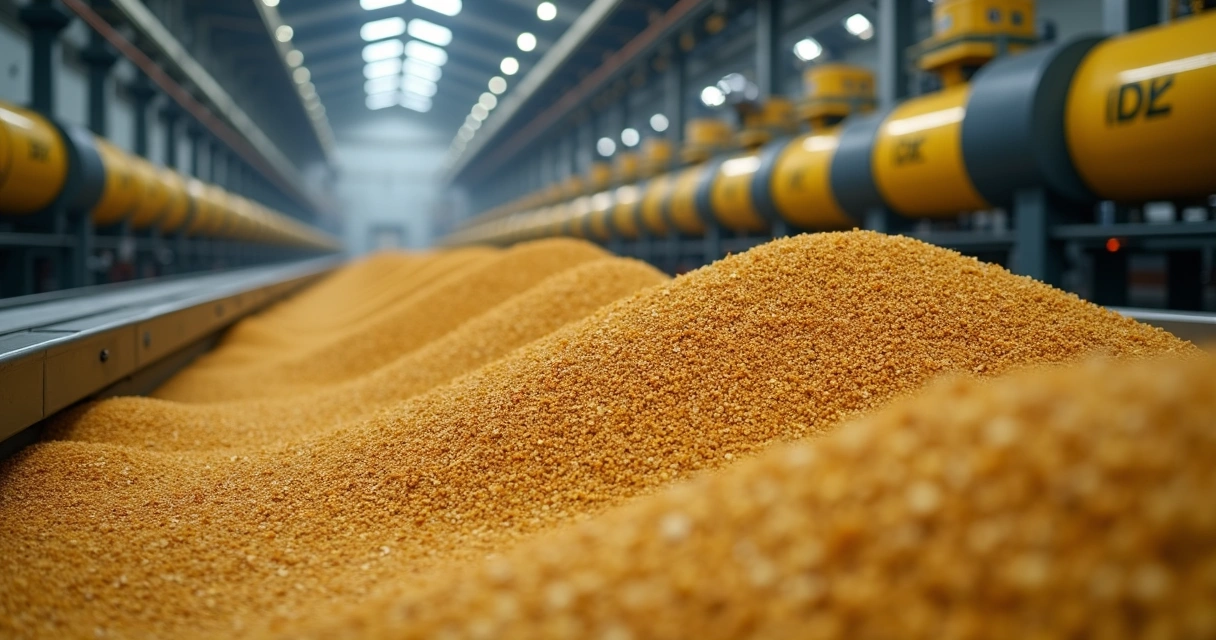 DDG de milho sendo produzido em uma indústria 