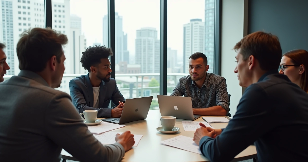 Pessoas em mesa redonda debatendo intensamente, rostos tensos, ambiente de discussão