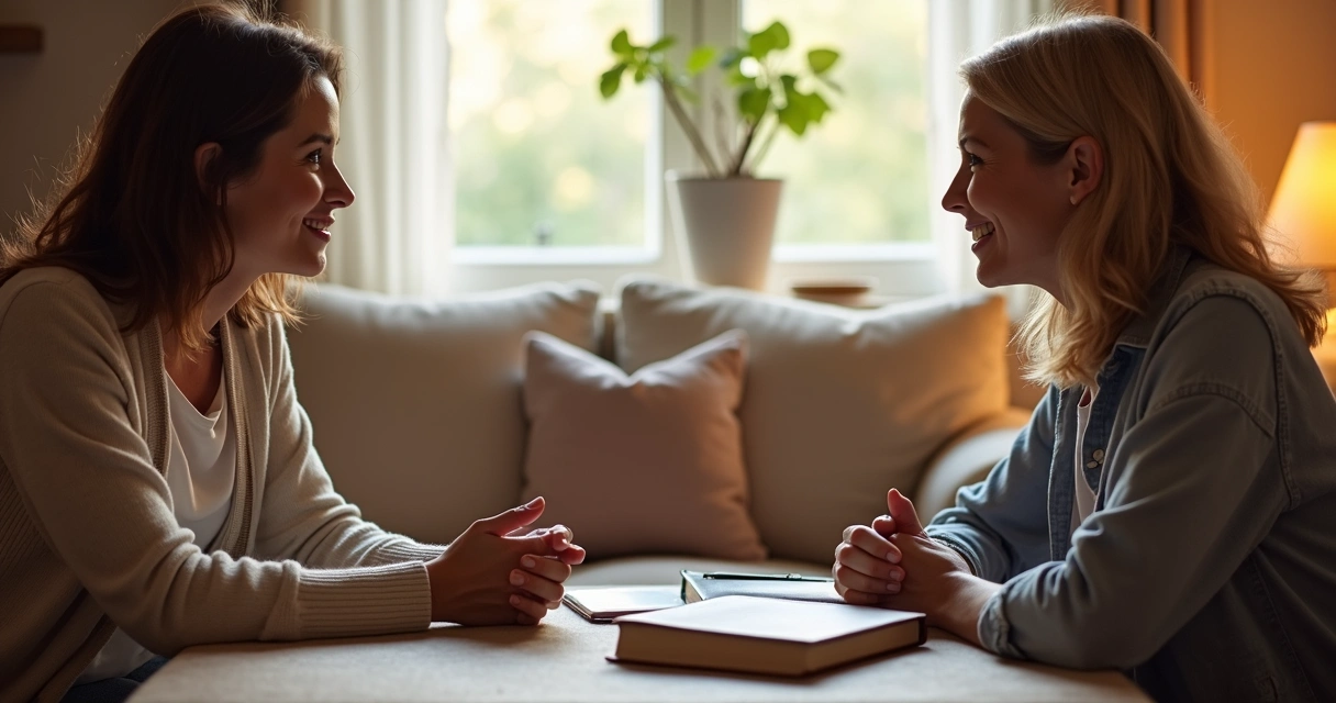 Debate amigável entre duas mulheres em ambiente aconchegante 