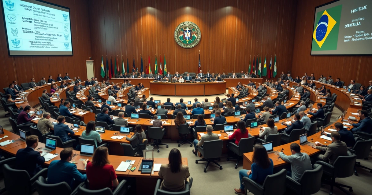 Vereadores em plenário de câmara debatendo projeto de lei