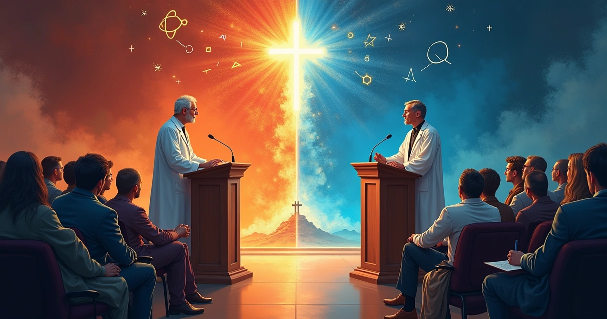 Debate entre cientista e religioso em auditório 