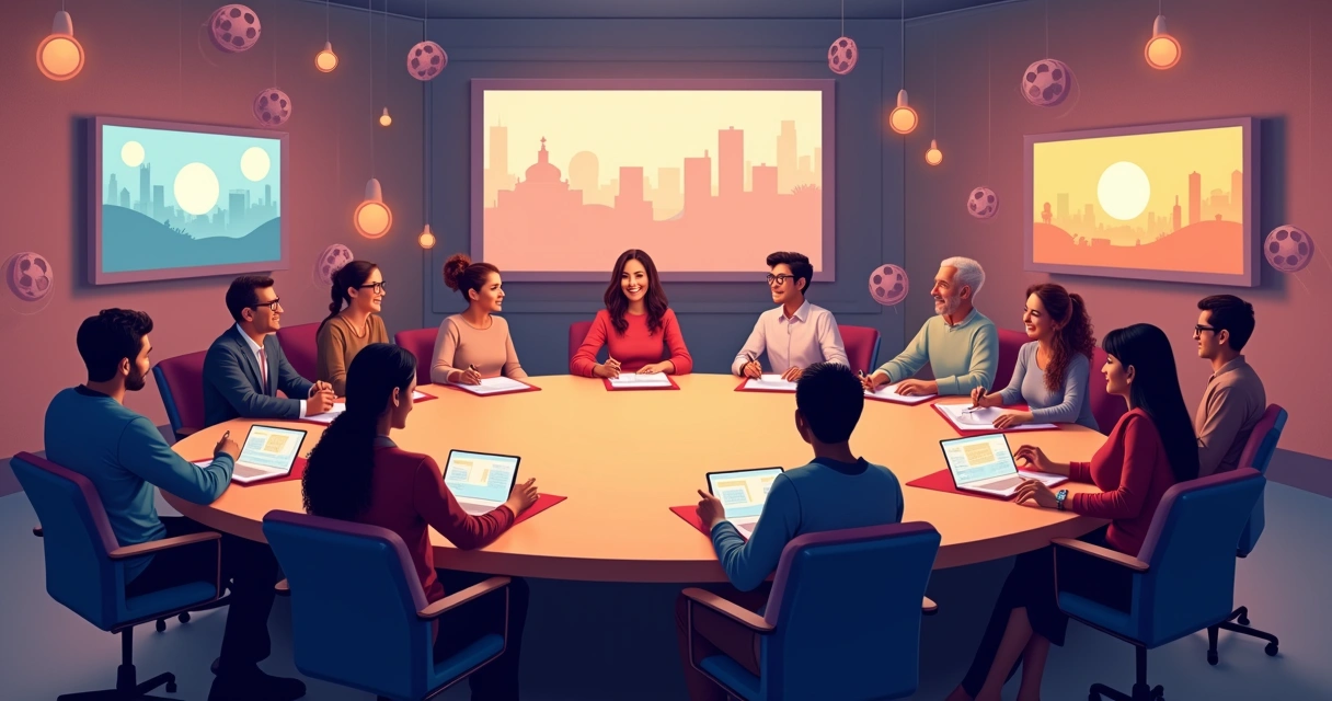 Mesa virtual com pessoas de diferentes idades debatendo cinema clássico 