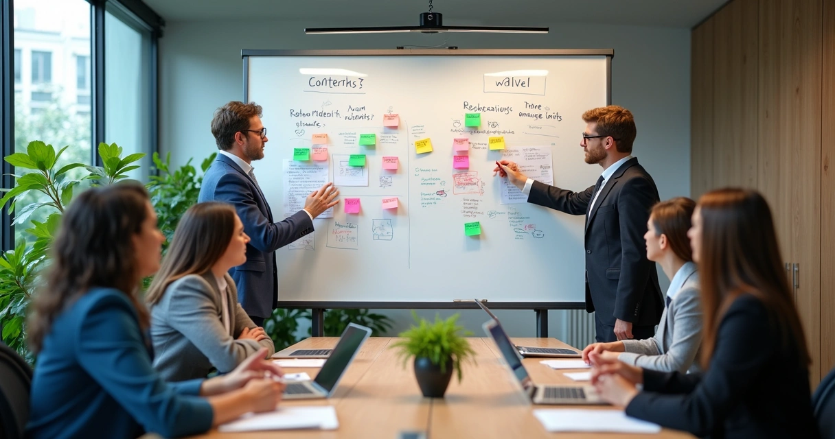 Duas equipes discutindo ideias em quadro branco 