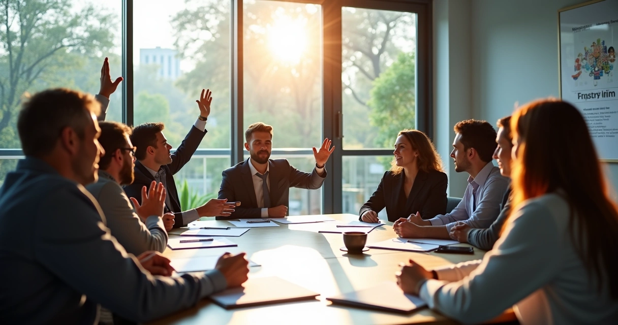 Grupo em sala de reunião vivencia debate aberto sobre valores 