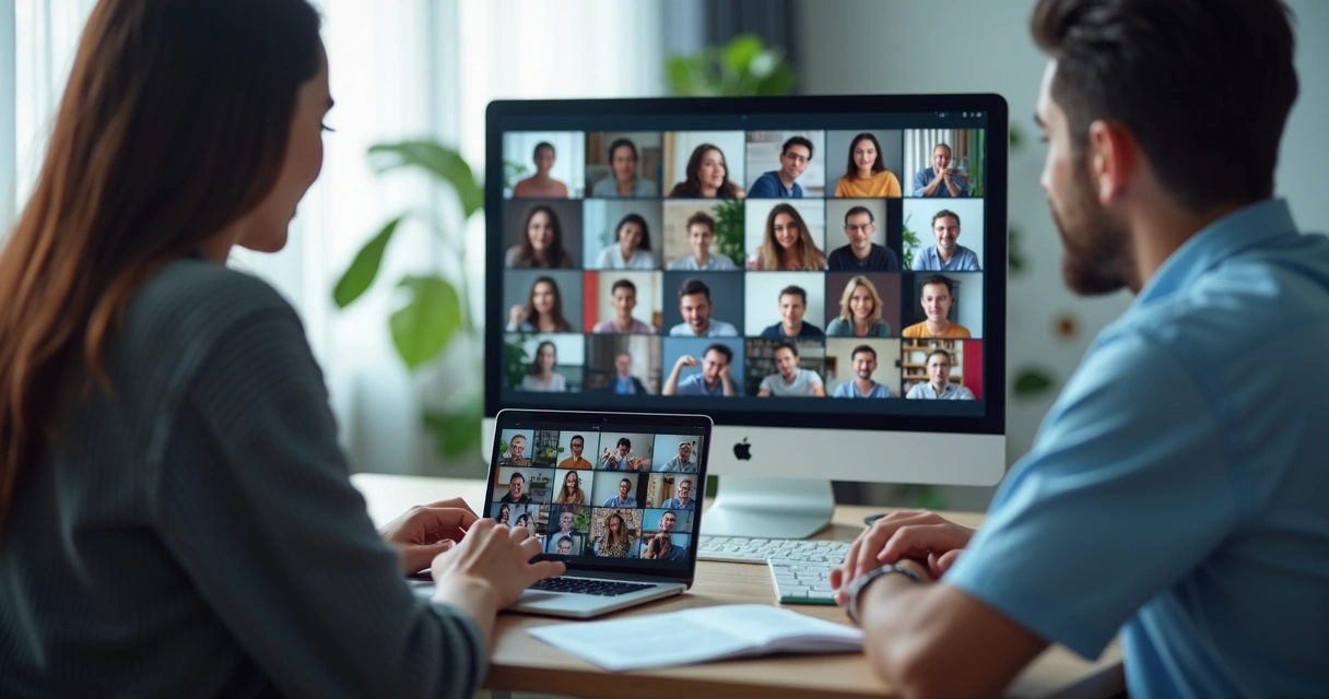 Grupo em videoconferência com mensagens projetadas na tela