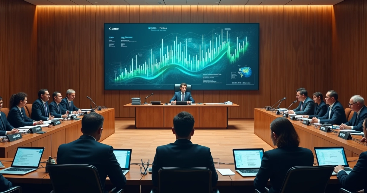 Sessão de conselho tributário com mesa em formato de semicírculo e telão com gráficos 