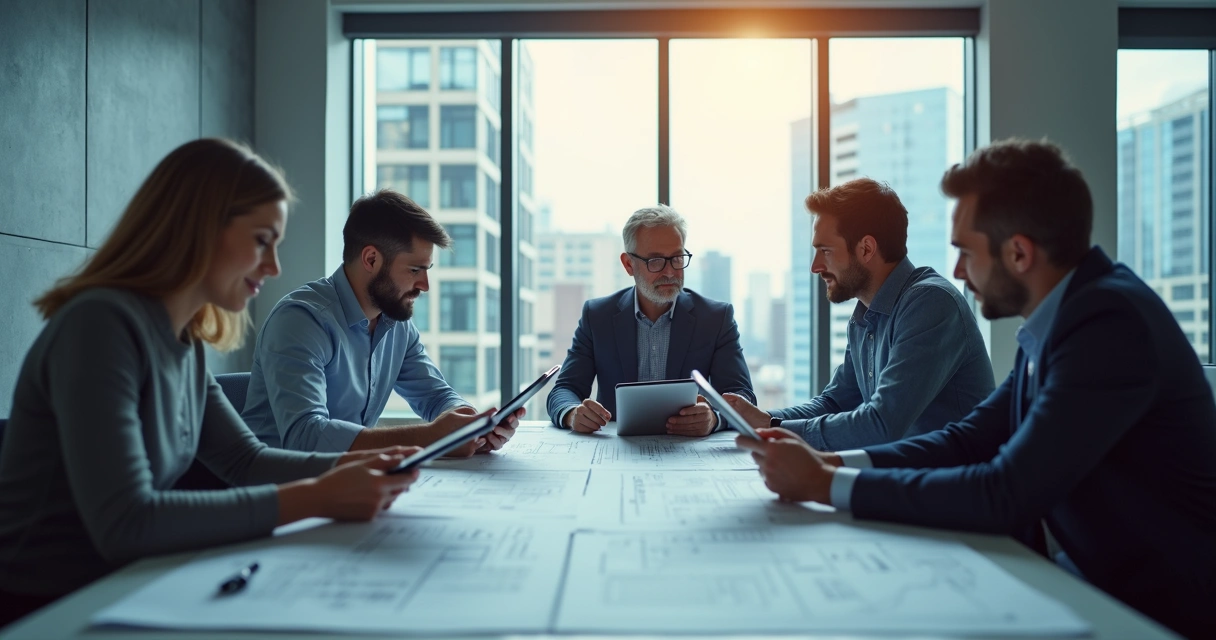 Engenheiros discutindo documentos de obra em uma sala de reuniões