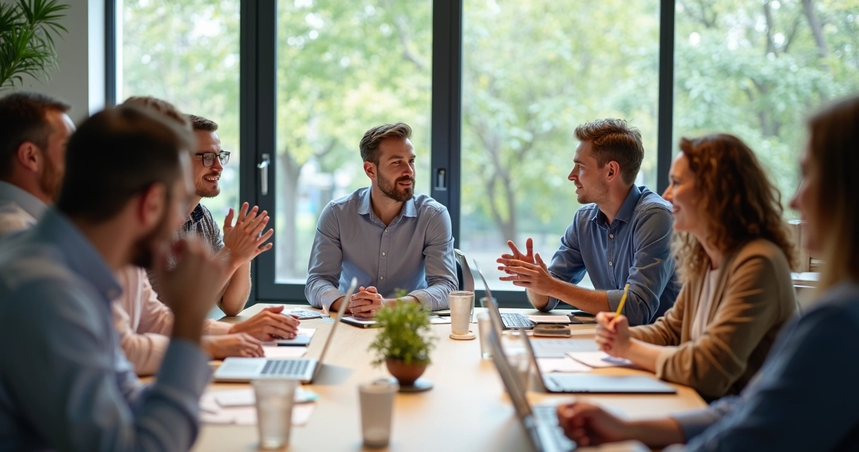 Equipe sentada à mesa debatendo, mostram-se atentos, com papéis e notebooks 