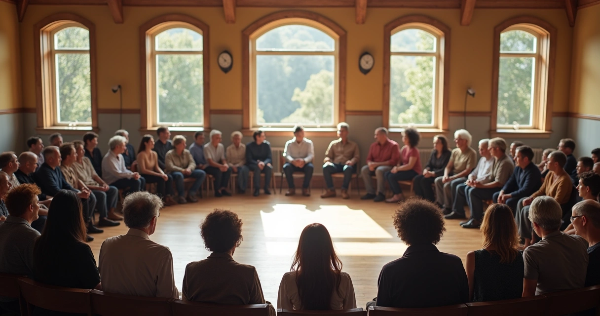 Pessoas de diferentes idades conversando em círculo, com expressões serenas, em um ambiente público 