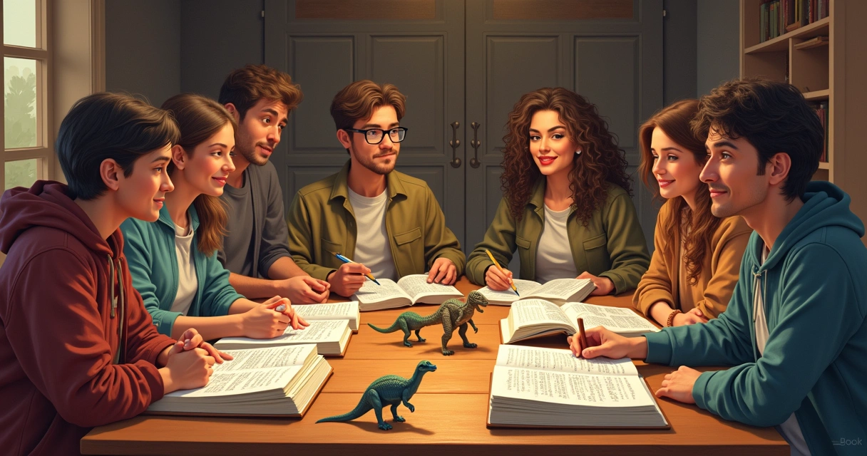 Pessoas de diferentes idades discutindo religião e ciência ao redor de uma mesa 