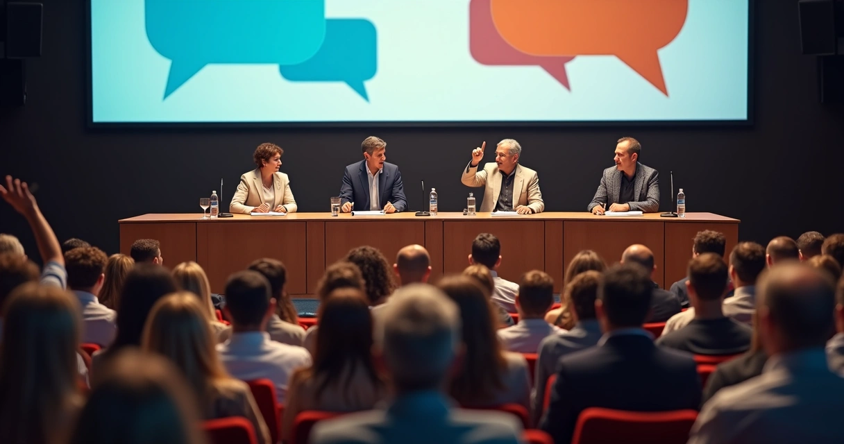 Auditório com plateia dividida entre raiva e escuta calma em um debate público 
