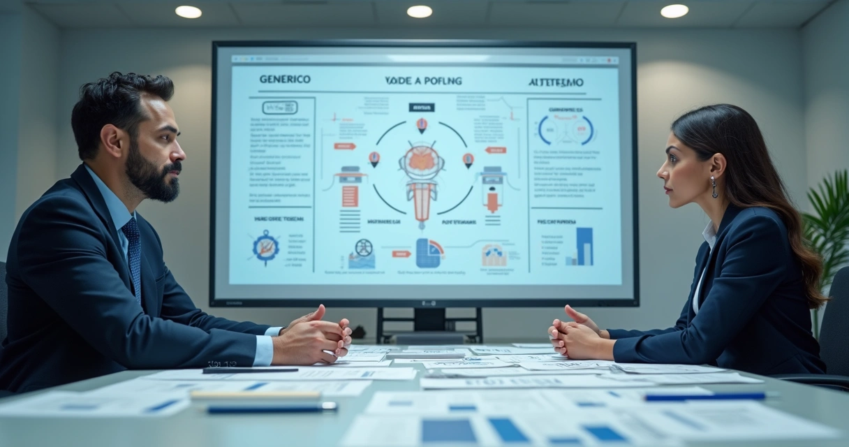 Executivo com múltiplos rascunhos de textos, escolhendo entre copias genéricas e autênticas 