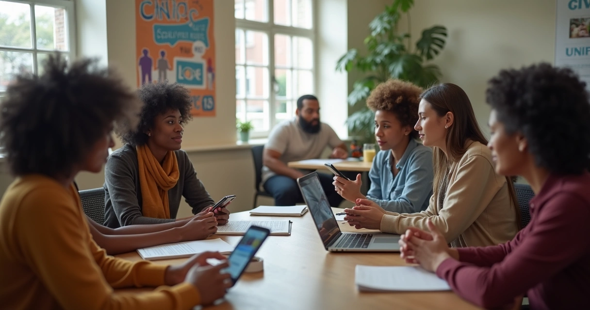 Grupo diverso debatendo causa social com celulares e laptop 
